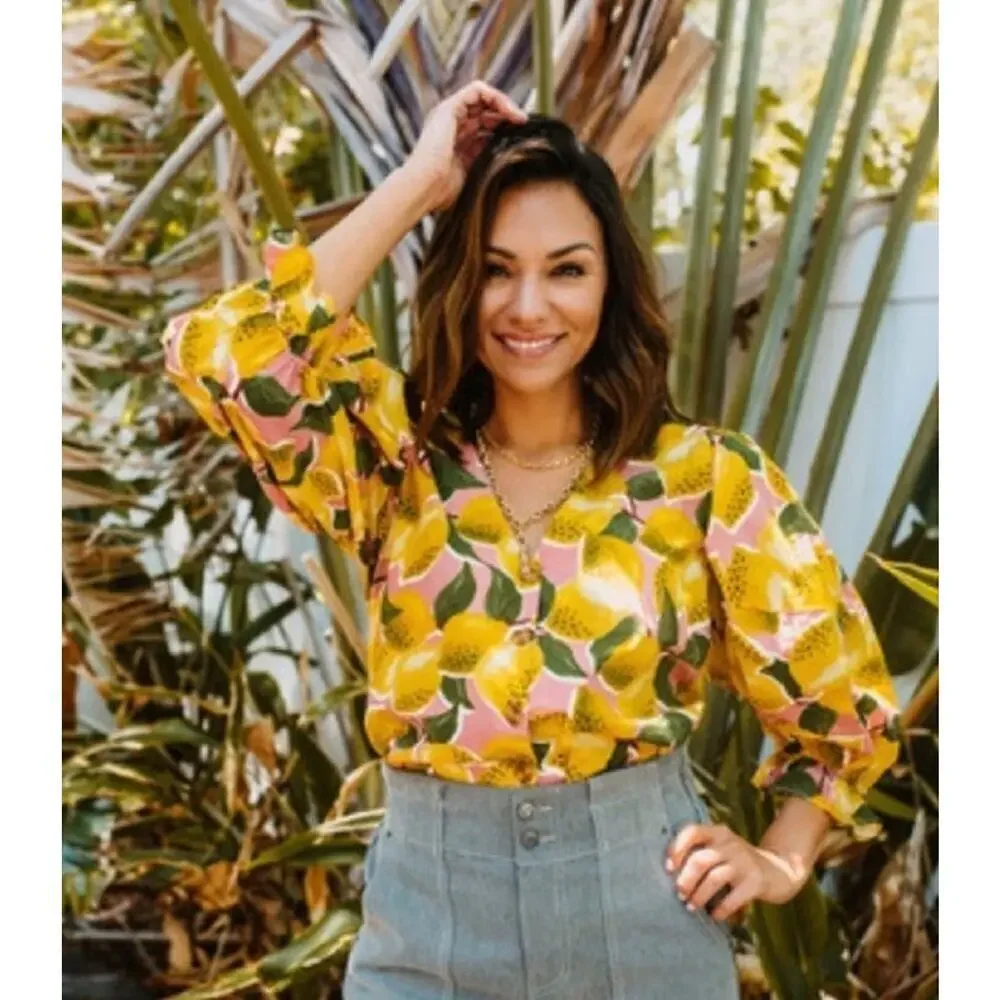 Farm Rio Top Lemons Puff Sleeve Short Shirt XS 0 2 Button Cotton Boxy Blouse Top